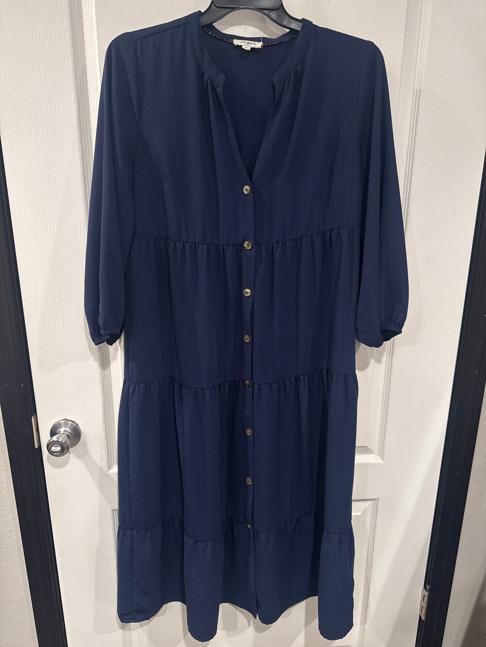Umgee Navy Blue Tiered Button Front Midi Dress Size Medium Boho